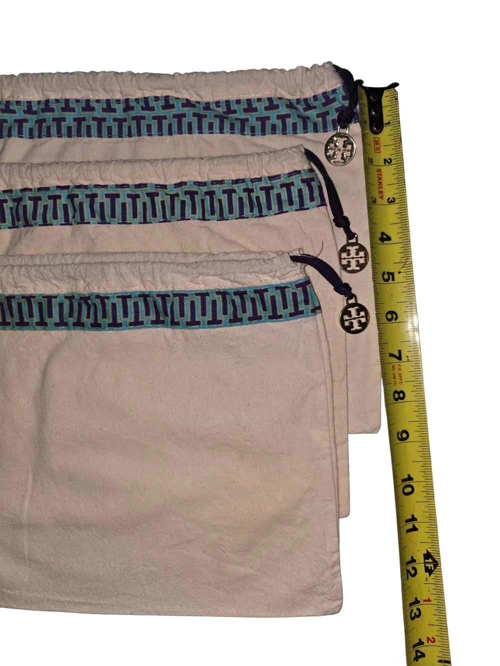 Tory Burch Beige Drawstring Dust Bag with Blue Trim- 3 Piece Set